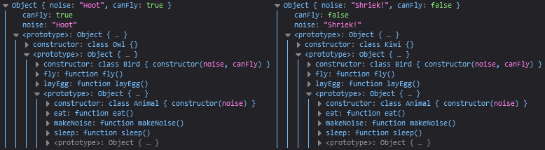 Console output of bird objects