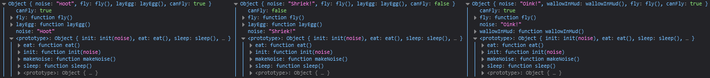 Console output of animal objects composed using mixins